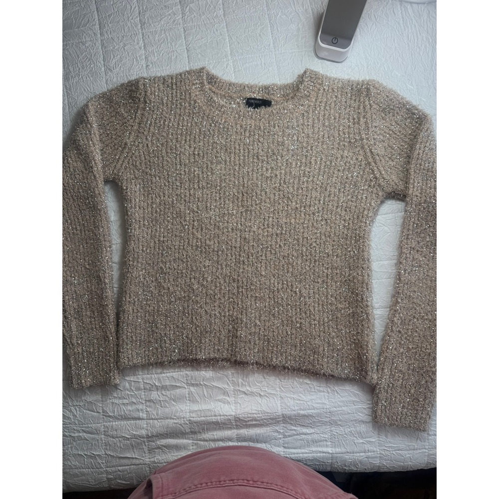 Forever 21 Womens Metallic Shimmer Fuzzy Knit Crew Neck Sweater Beige Gold Large